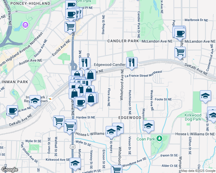 map of restaurants, bars, coffee shops, grocery stores, and more near 206 Flora Avenue Northeast in Atlanta