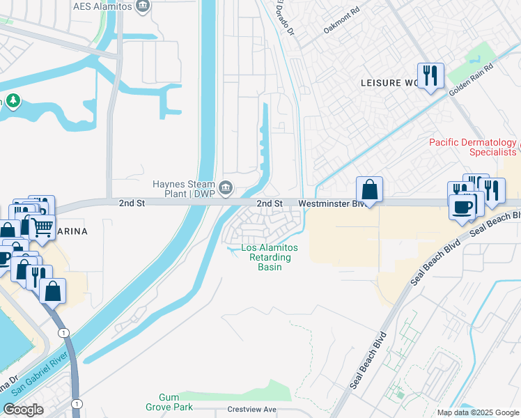 map of restaurants, bars, coffee shops, grocery stores, and more near 7065 Seawind Drive in Long Beach