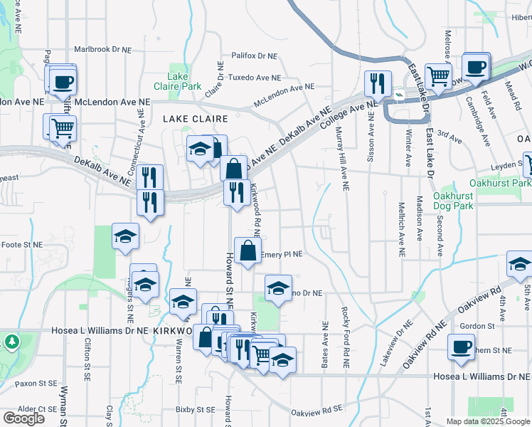 map of restaurants, bars, coffee shops, grocery stores, and more near 2021 Fowler Street Northeast in Atlanta