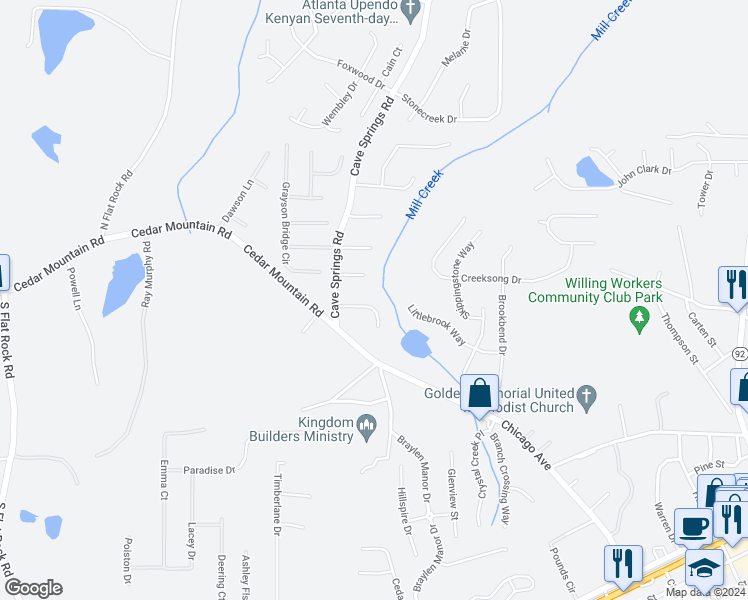 map of restaurants, bars, coffee shops, grocery stores, and more near 7281 Ashton Court in Douglasville