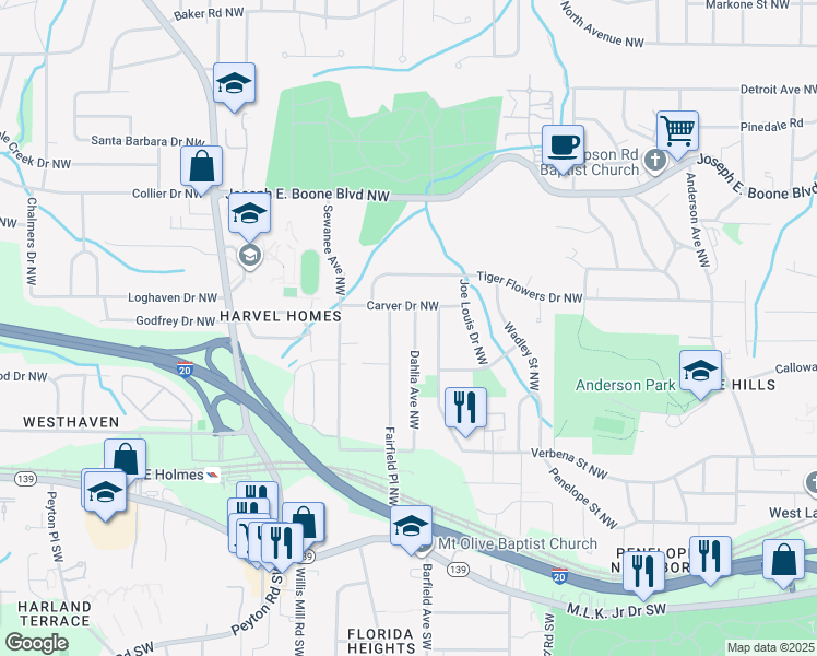 map of restaurants, bars, coffee shops, grocery stores, and more near 179 Dahlia Avenue Northwest in Atlanta