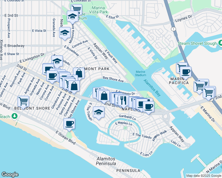 map of restaurants, bars, coffee shops, grocery stores, and more near 5529 East Sorrento Drive in Long Beach