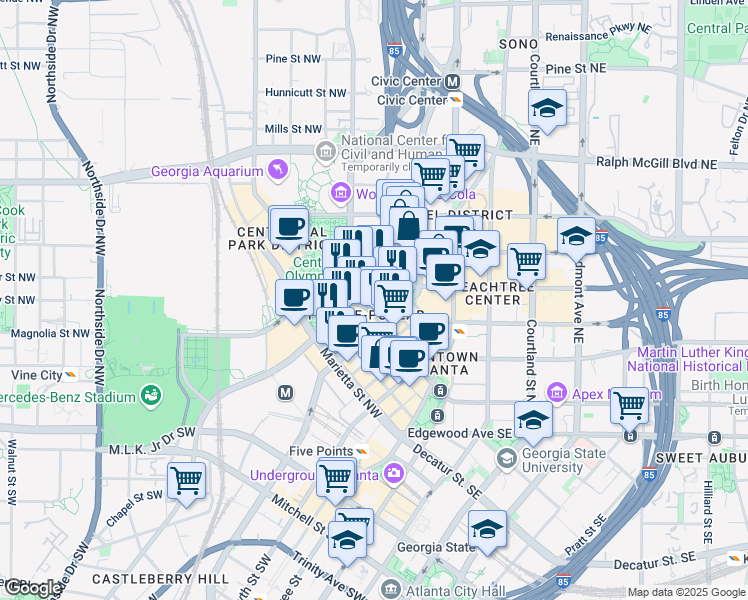 map of restaurants, bars, coffee shops, grocery stores, and more near 153 Luckie Street Northwest in Atlanta