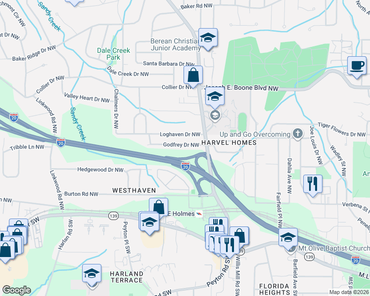 map of restaurants, bars, coffee shops, grocery stores, and more near 2542 Godfrey Drive Northwest in Atlanta