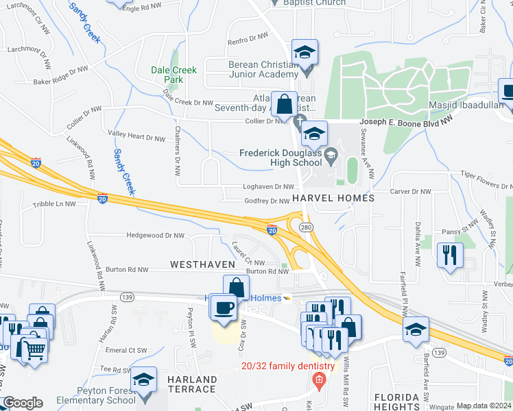 map of restaurants, bars, coffee shops, grocery stores, and more near 2582 Godfrey Drive Northwest in Atlanta