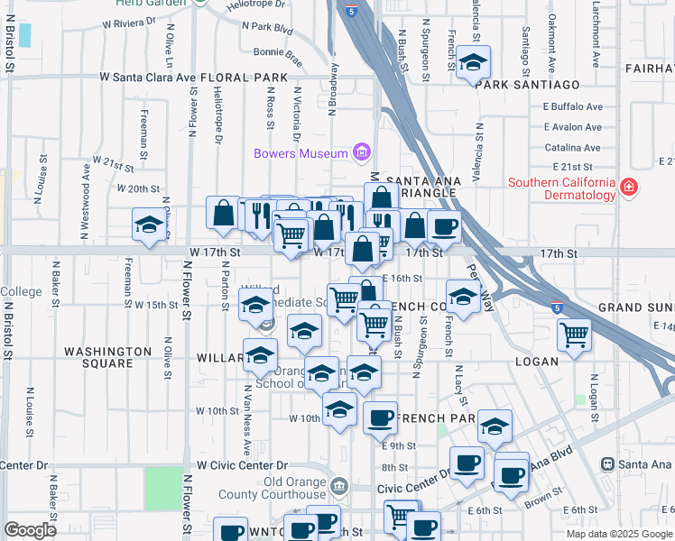 map of restaurants, bars, coffee shops, grocery stores, and more near 1611 North Broadway in Santa Ana