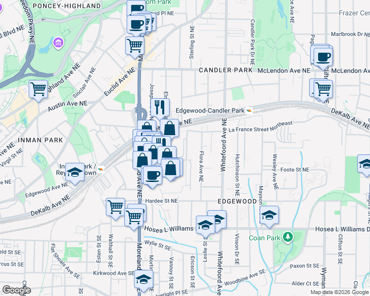 map of restaurants, bars, coffee shops, grocery stores, and more near 190 Marion Place Northeast in Atlanta