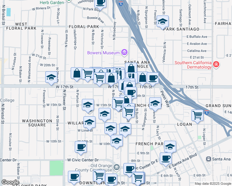 map of restaurants, bars, coffee shops, grocery stores, and more near 1611 North Broadway in Santa Ana