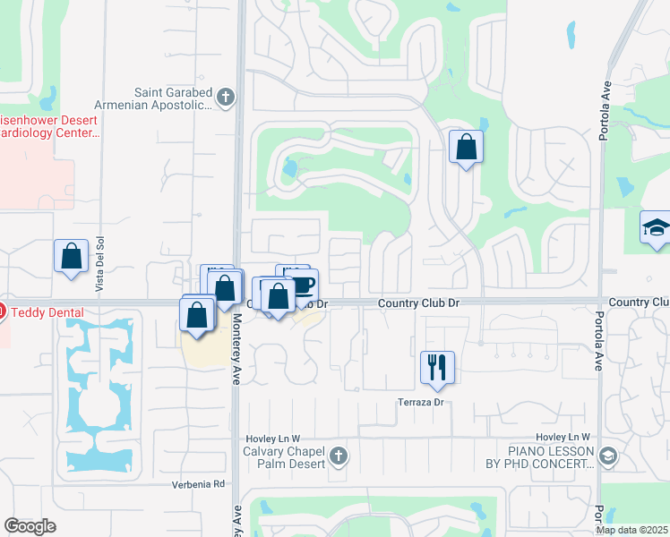 map of restaurants, bars, coffee shops, grocery stores, and more near 2084 Via Alba in Palm Desert