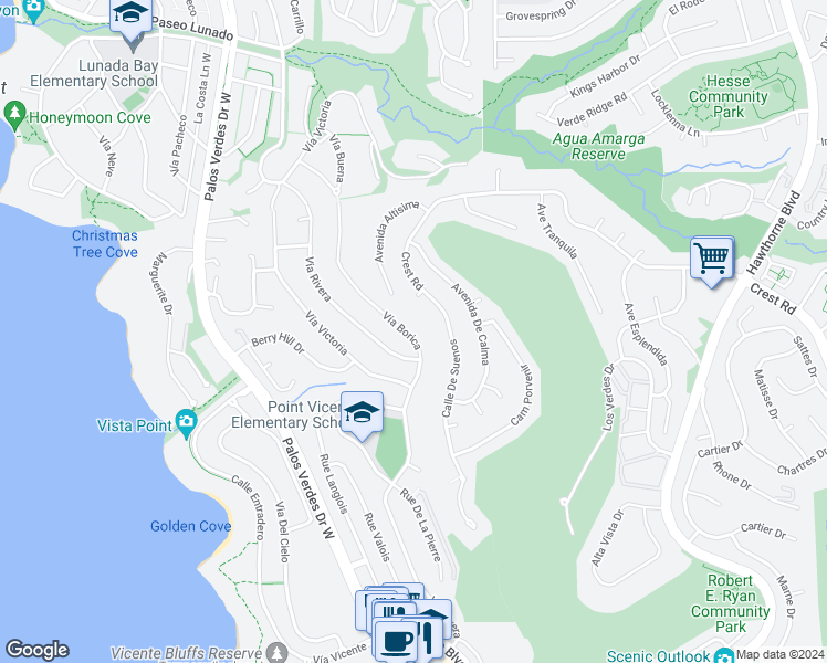 map of restaurants, bars, coffee shops, grocery stores, and more near 30318 Vía Borica in Rancho Palos Verdes