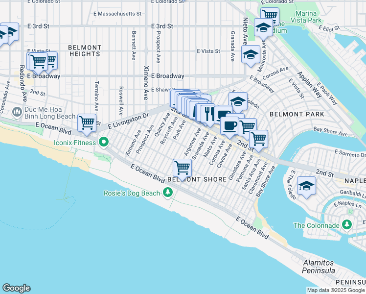 map of restaurants, bars, coffee shops, grocery stores, and more near Saint Joseph Avenue in Long Beach