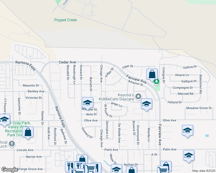 map of restaurants, bars, coffee shops, grocery stores, and more near 43573 Savannah Way in Hemet