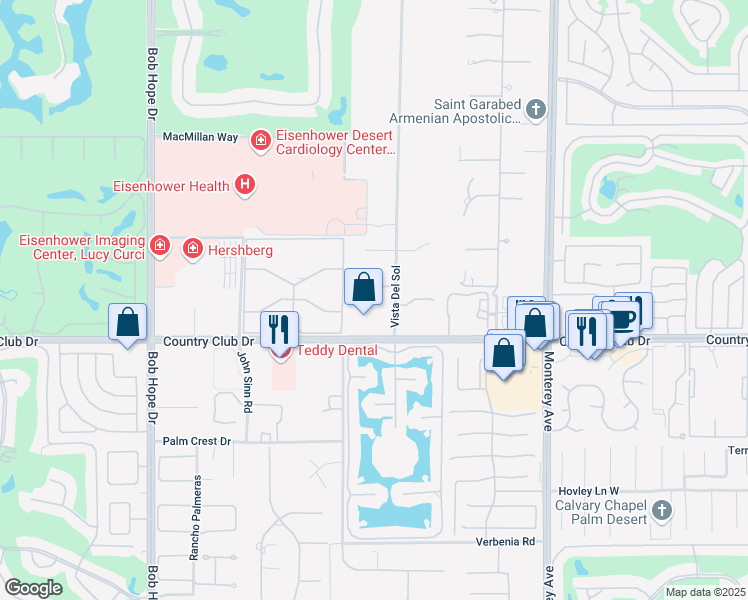 map of restaurants, bars, coffee shops, grocery stores, and more near 13 Carrera Court in Rancho Mirage