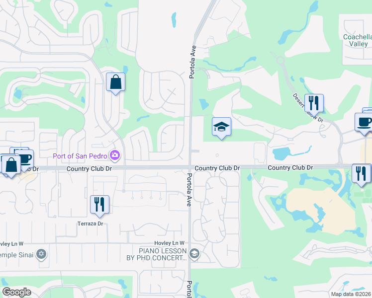map of restaurants, bars, coffee shops, grocery stores, and more near 39800 Desert Greens Drive South in Palm Desert