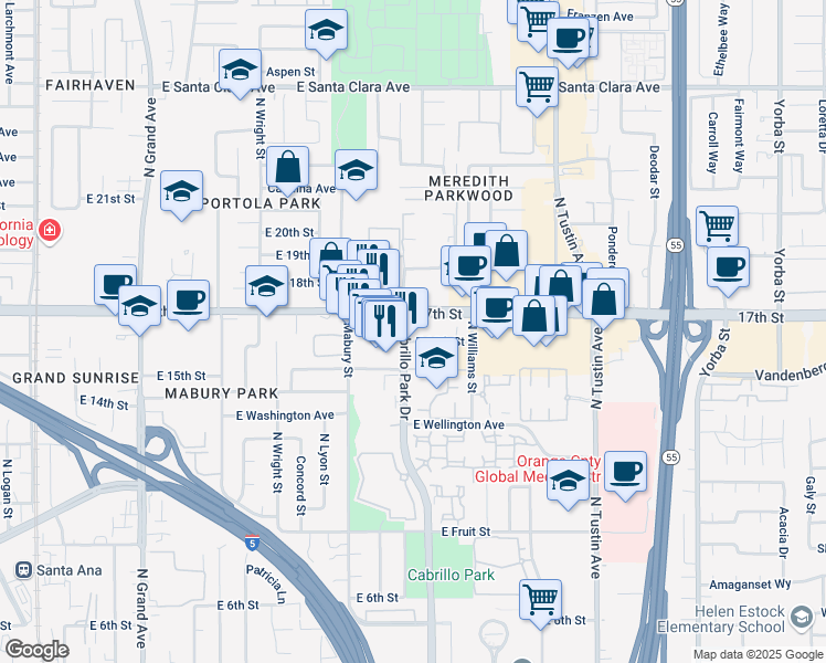 map of restaurants, bars, coffee shops, grocery stores, and more near 1800 East 16th Street in Santa Ana