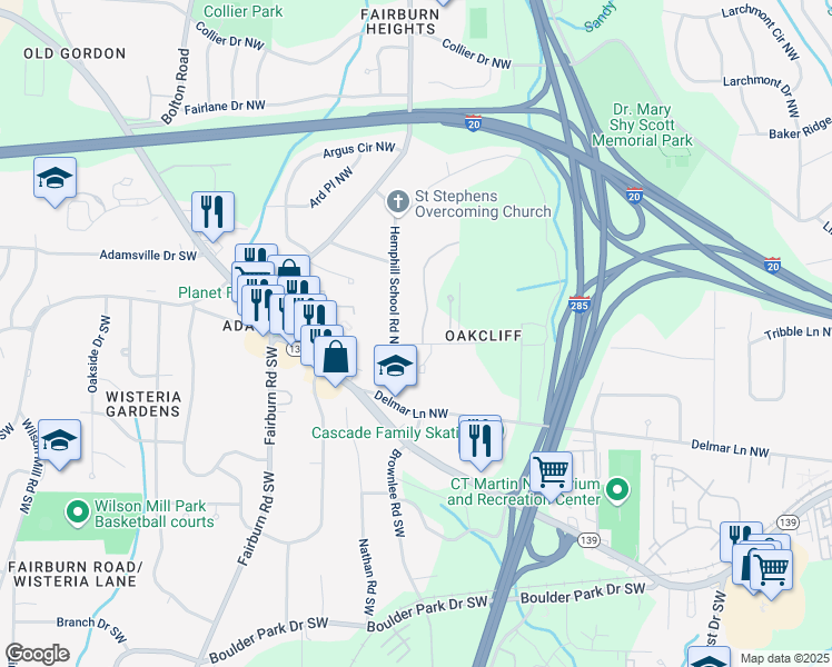 map of restaurants, bars, coffee shops, grocery stores, and more near 130 Oakcliff Court Northwest in Atlanta