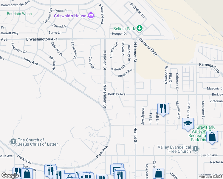 map of restaurants, bars, coffee shops, grocery stores, and more near 733 Piccadilly Square in Hemet