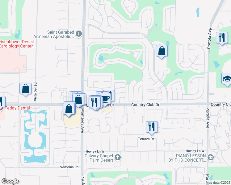 map of restaurants, bars, coffee shops, grocery stores, and more near 2084 Via Alba in Palm Desert
