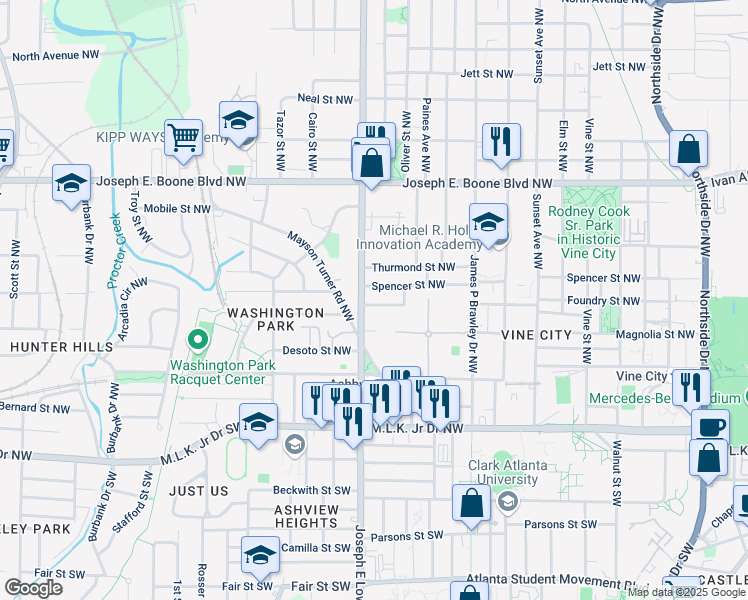 map of restaurants, bars, coffee shops, grocery stores, and more near 899 Booker Washington Drive Northwest in Atlanta