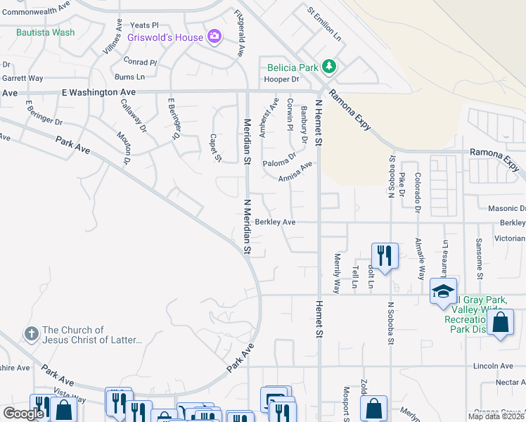 map of restaurants, bars, coffee shops, grocery stores, and more near 733 Piccadilly Square in Hemet