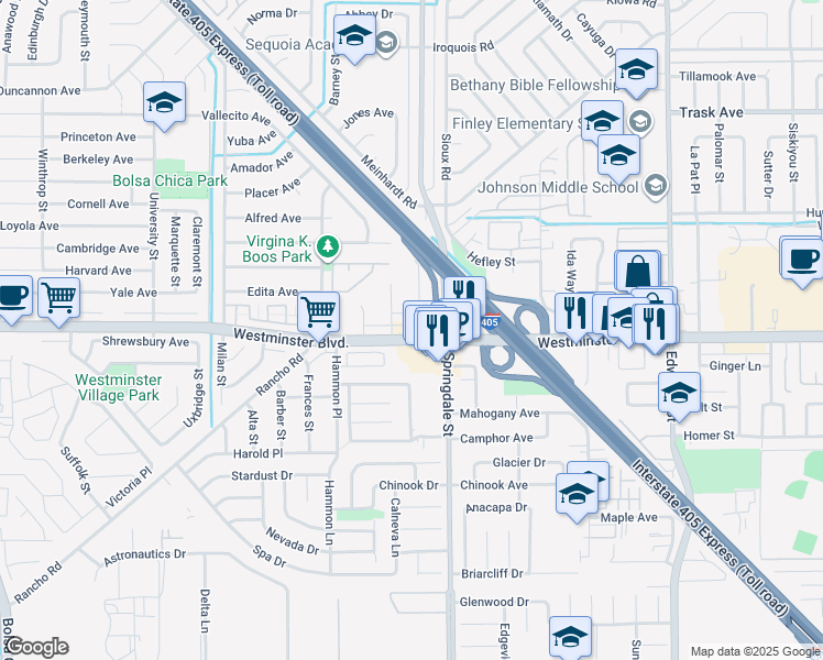 map of restaurants, bars, coffee shops, grocery stores, and more near 5905 Westminster Boulevard in Westminster