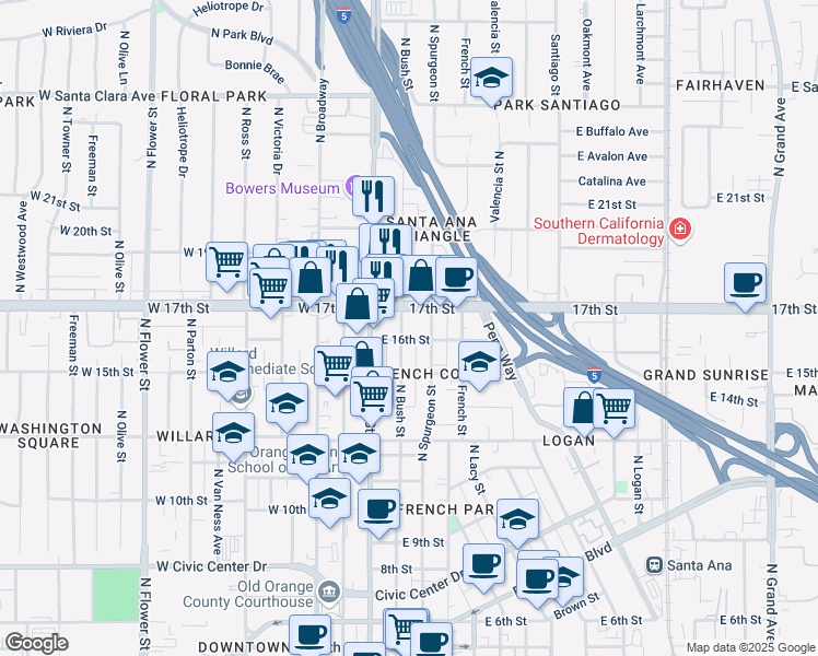 map of restaurants, bars, coffee shops, grocery stores, and more near 215 East 16th Street in Santa Ana