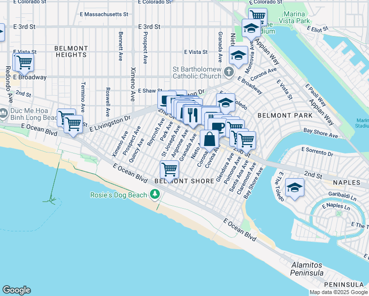 map of restaurants, bars, coffee shops, grocery stores, and more near 142 Granada Avenue in Long Beach