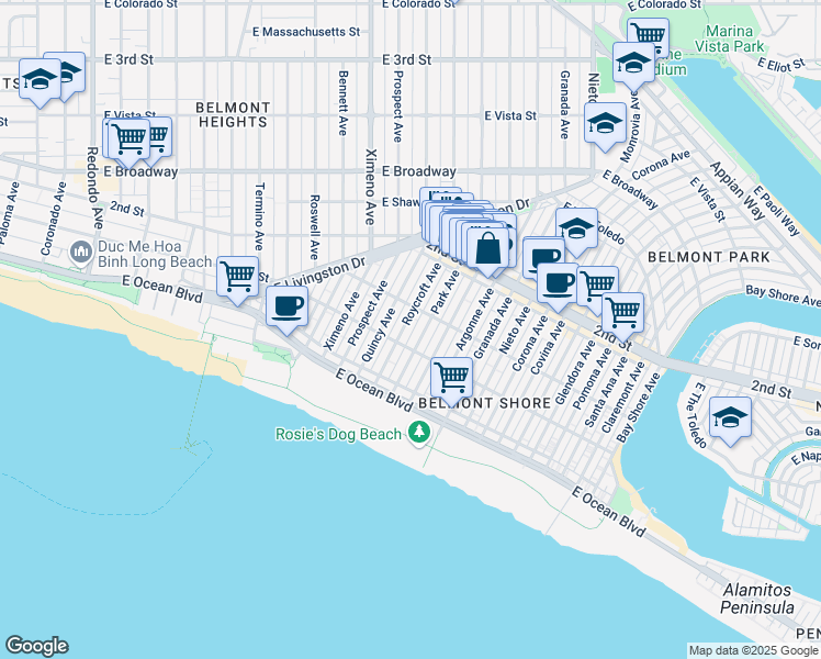 map of restaurants, bars, coffee shops, grocery stores, and more near 109 Park Avenue in Long Beach
