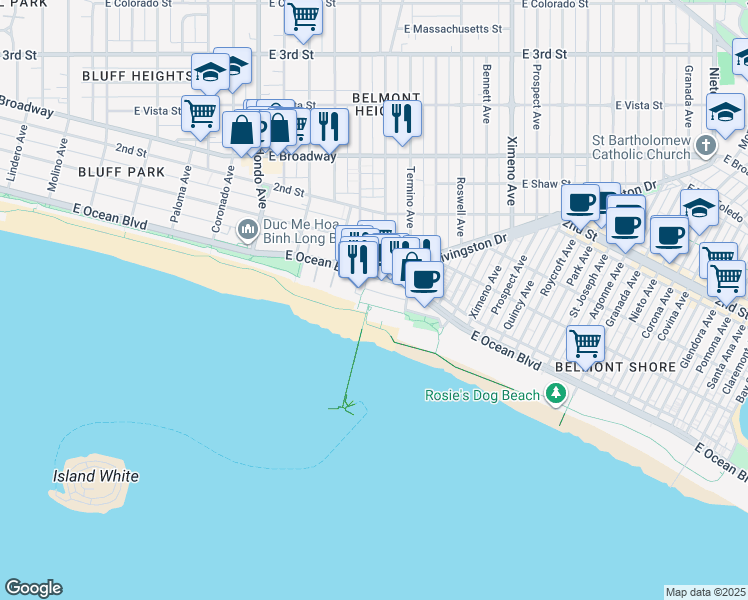 map of restaurants, bars, coffee shops, grocery stores, and more near 3939 East Midway Street in Long Beach