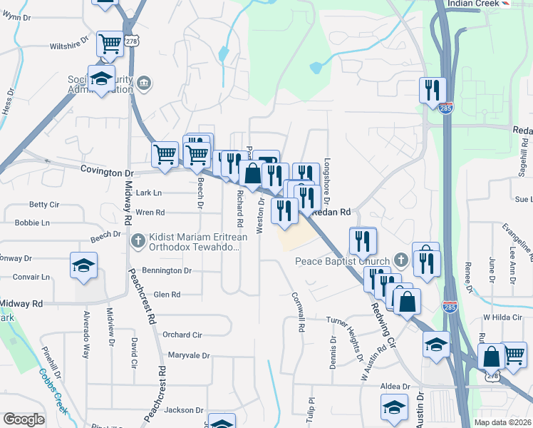 map of restaurants, bars, coffee shops, grocery stores, and more near 1200 Weston Drive in Decatur