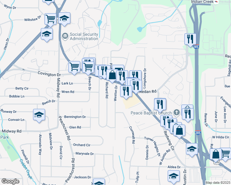 map of restaurants, bars, coffee shops, grocery stores, and more near 1200 Weston Drive in Decatur