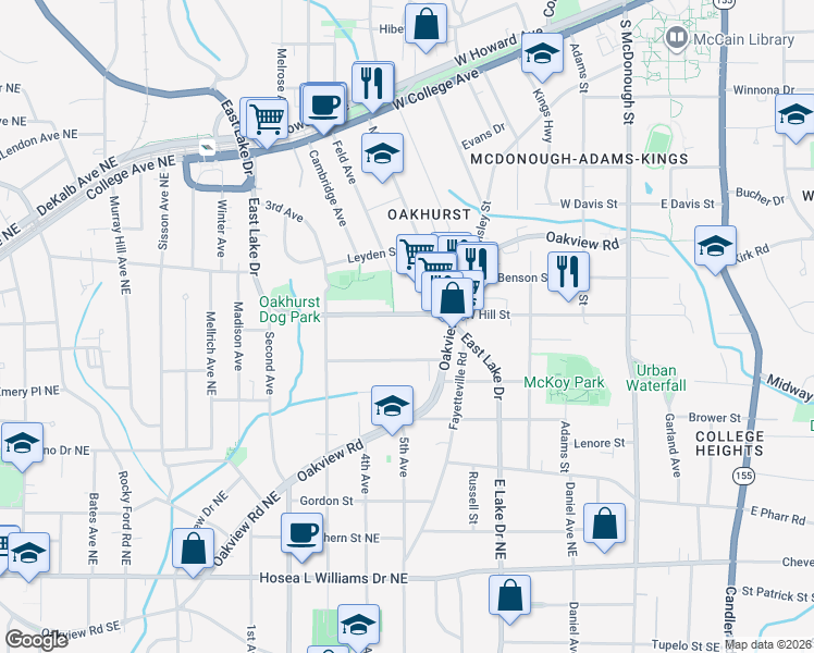 map of restaurants, bars, coffee shops, grocery stores, and more near 621 East Lake Drive in Decatur