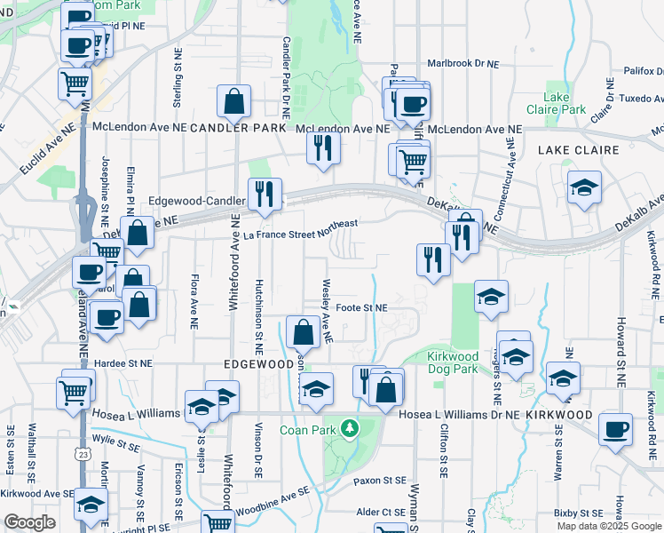 map of restaurants, bars, coffee shops, grocery stores, and more near 207 Wesley Avenue Northeast in Atlanta