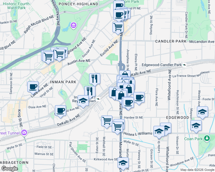 map of restaurants, bars, coffee shops, grocery stores, and more near 1124 DeKalb Avenue Northeast in Atlanta