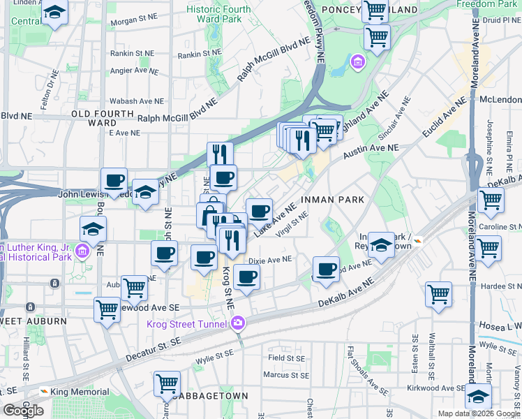 map of restaurants, bars, coffee shops, grocery stores, and more near 186 Inman Lane in Atlanta