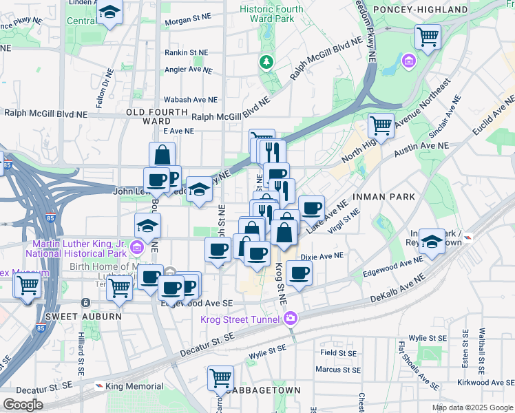 map of restaurants, bars, coffee shops, grocery stores, and more near 174 Sampson Street Northeast in Atlanta