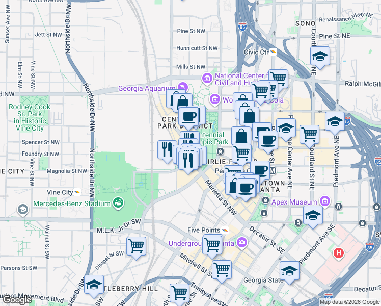 map of restaurants, bars, coffee shops, grocery stores, and more near 5516 Marietta Street NorthWest in Atlanta
