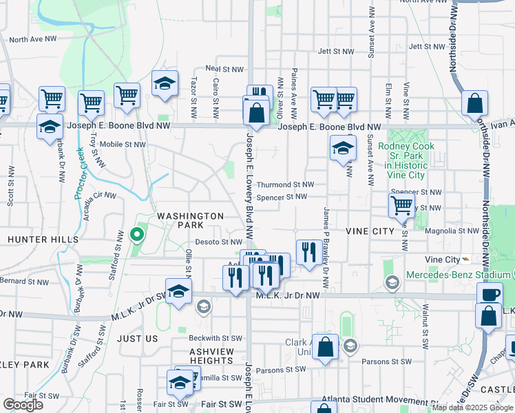 map of restaurants, bars, coffee shops, grocery stores, and more near 898 Booker Washington Drive Northwest in Atlanta