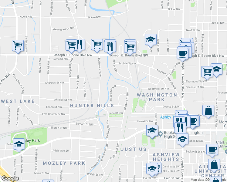 map of restaurants, bars, coffee shops, grocery stores, and more near 129 Arcadia Circle Northwest in Atlanta