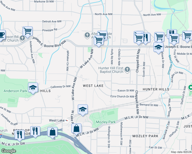 map of restaurants, bars, coffee shops, grocery stores, and more near 1608 Spring Lane Northwest in Atlanta