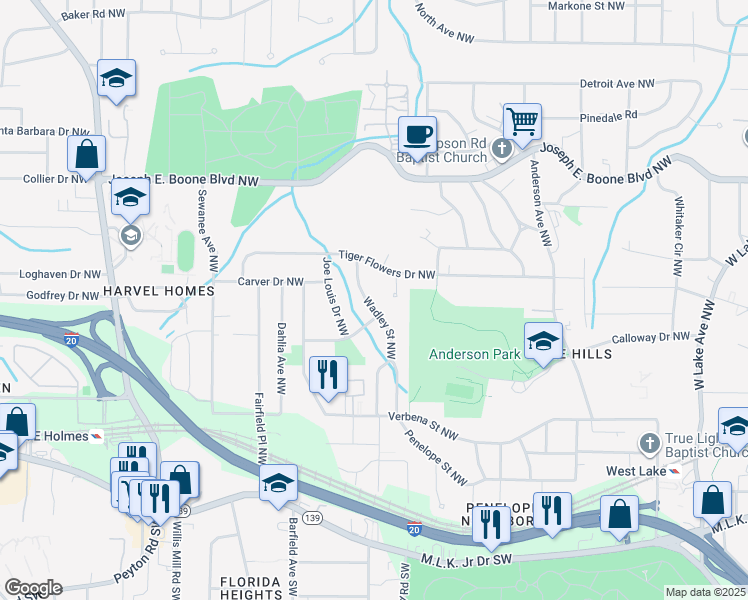 map of restaurants, bars, coffee shops, grocery stores, and more near 190 Carver Circle Northwest in Atlanta