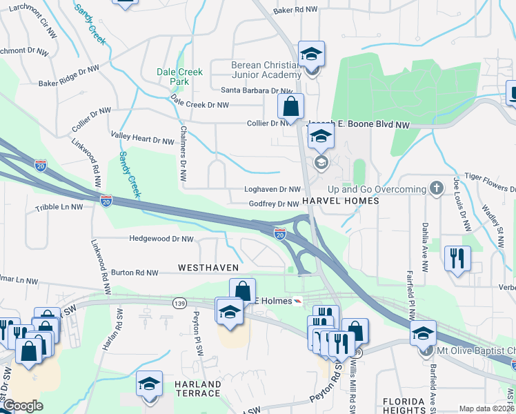 map of restaurants, bars, coffee shops, grocery stores, and more near 2590 Godfrey Drive Northwest in Atlanta
