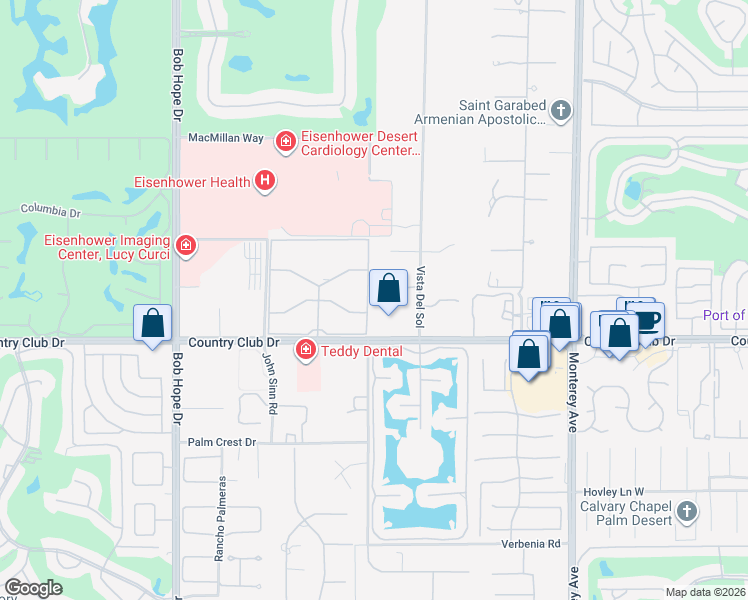 map of restaurants, bars, coffee shops, grocery stores, and more near 6 Carrera Place in Rancho Mirage