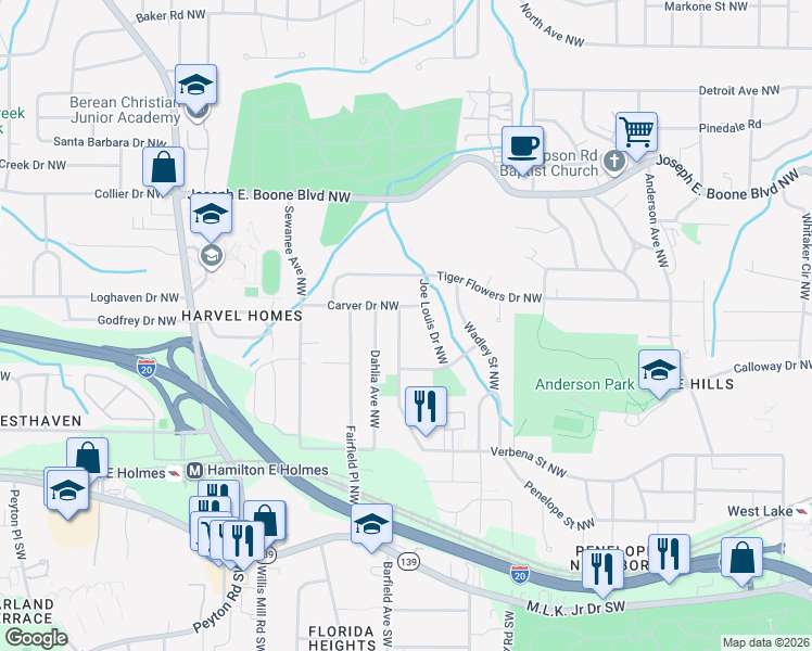 map of restaurants, bars, coffee shops, grocery stores, and more near 187 Hyacinth Avenue Northwest in Atlanta