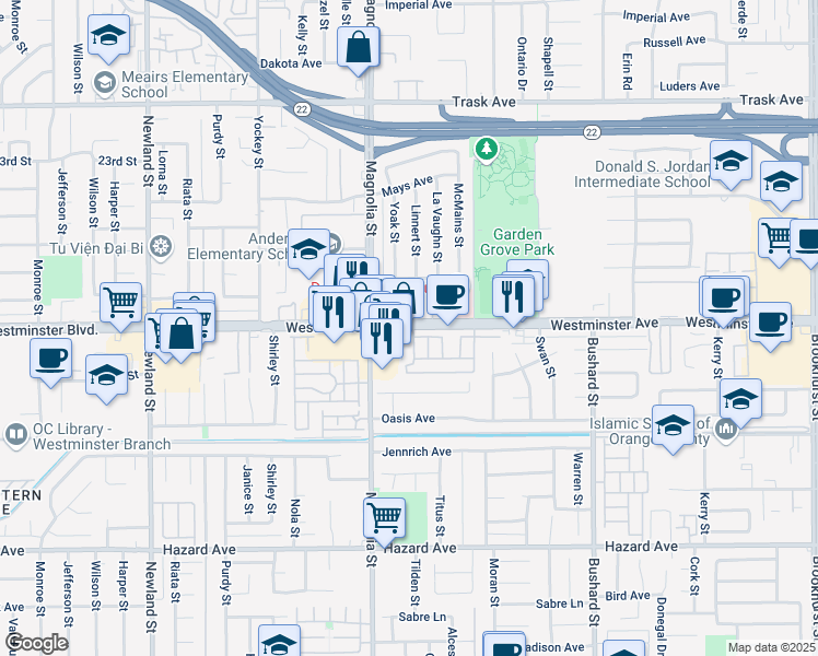 map of restaurants, bars, coffee shops, grocery stores, and more near 9078 Westminster Boulevard in Garden Grove