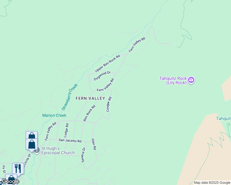 map of restaurants, bars, coffee shops, grocery stores, and more near 55491 Howland Road in Idyllwild-Pine Cove