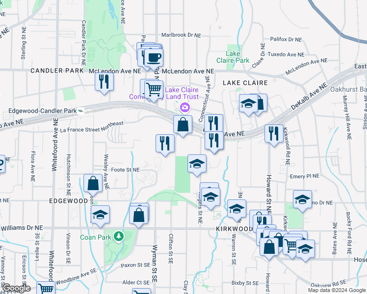 map of restaurants, bars, coffee shops, grocery stores, and more near 195 Arizona Avenue in Atlanta