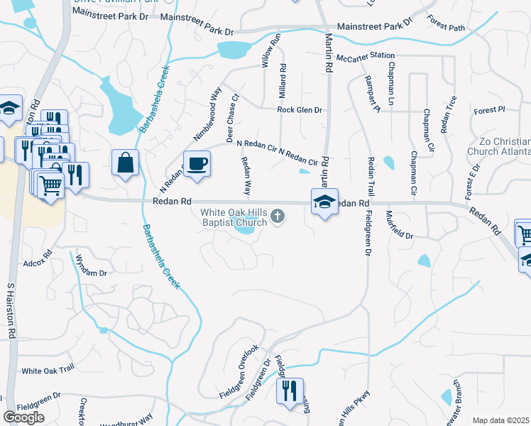 map of restaurants, bars, coffee shops, grocery stores, and more near 1196 Harvest Dale Court in Stone Mountain