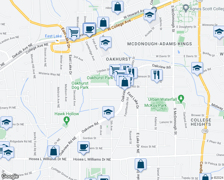 map of restaurants, bars, coffee shops, grocery stores, and more near 621 East Lake Drive in Decatur