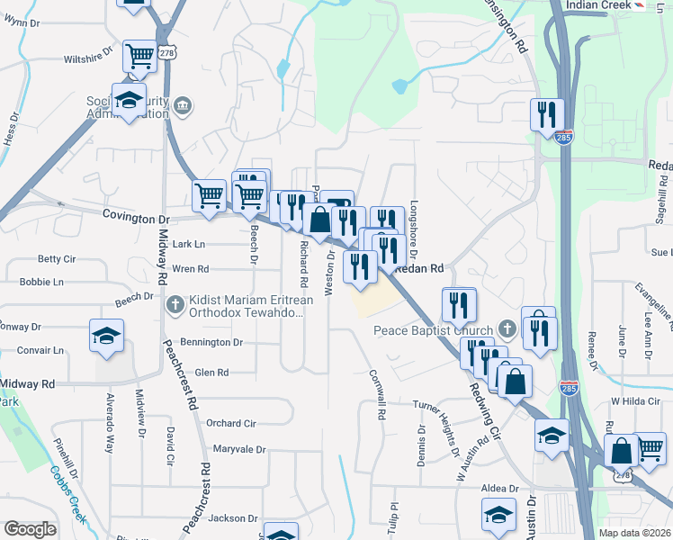 map of restaurants, bars, coffee shops, grocery stores, and more near 1200 Weston Drive in Decatur